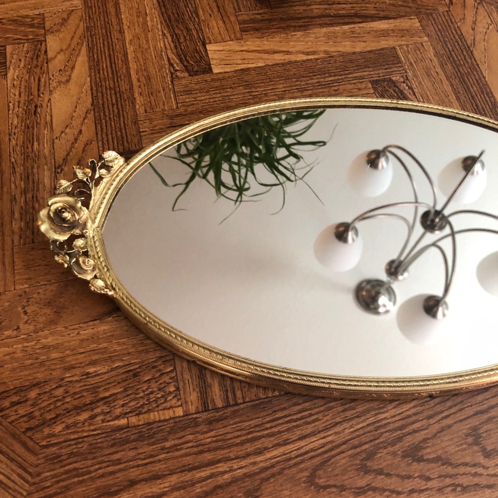 🦋 Antique Vanity Mirror Tray w Floral Detailing